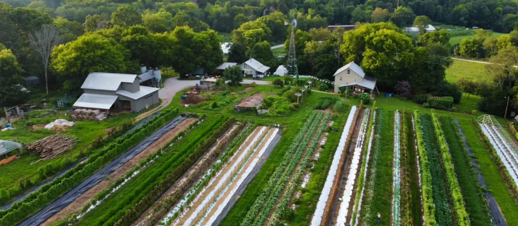 Aerial view of a farm with rows of crops, barns and houses surrounded by wooded hills
