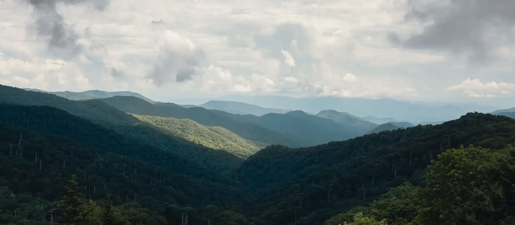 Layers of forested mountain ridges fading into the distance under clouds