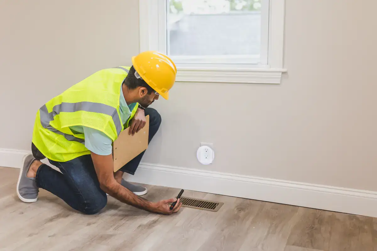 Worker in a hard hat and safety vest kneeling to inspect a floor air register