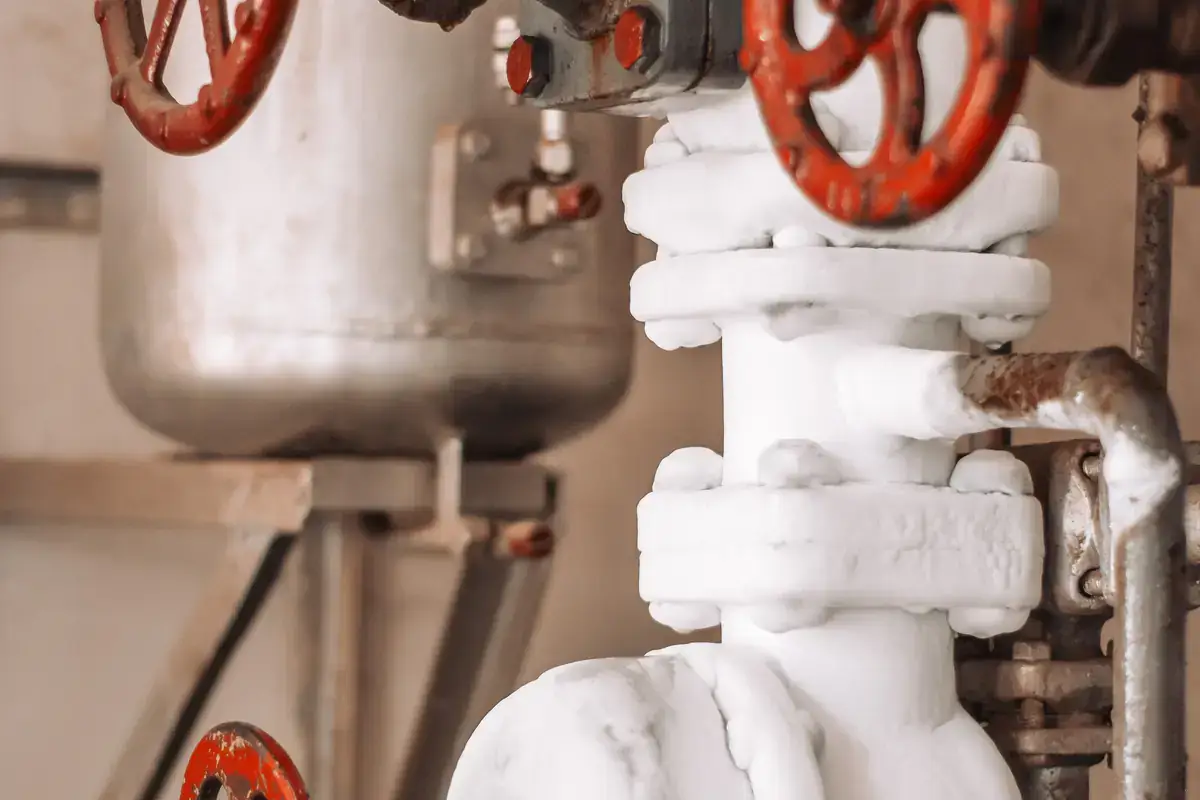 Frost and ice covering pipes and valves with red handwheels
