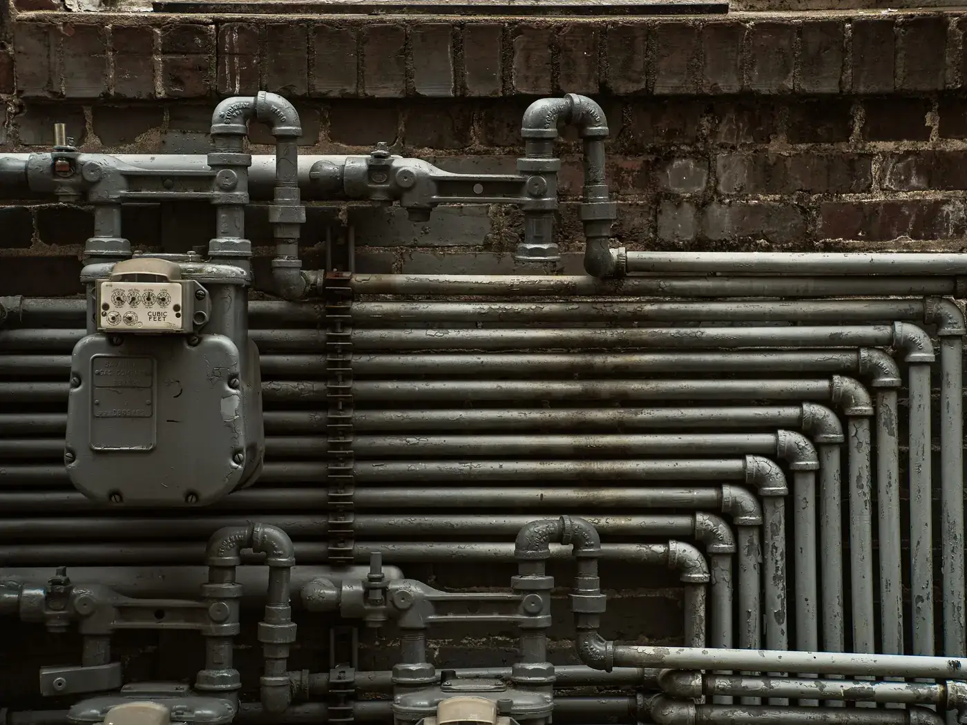 Gas meter and rows of gray steel gas pipes and fittings mounted on a brick wall