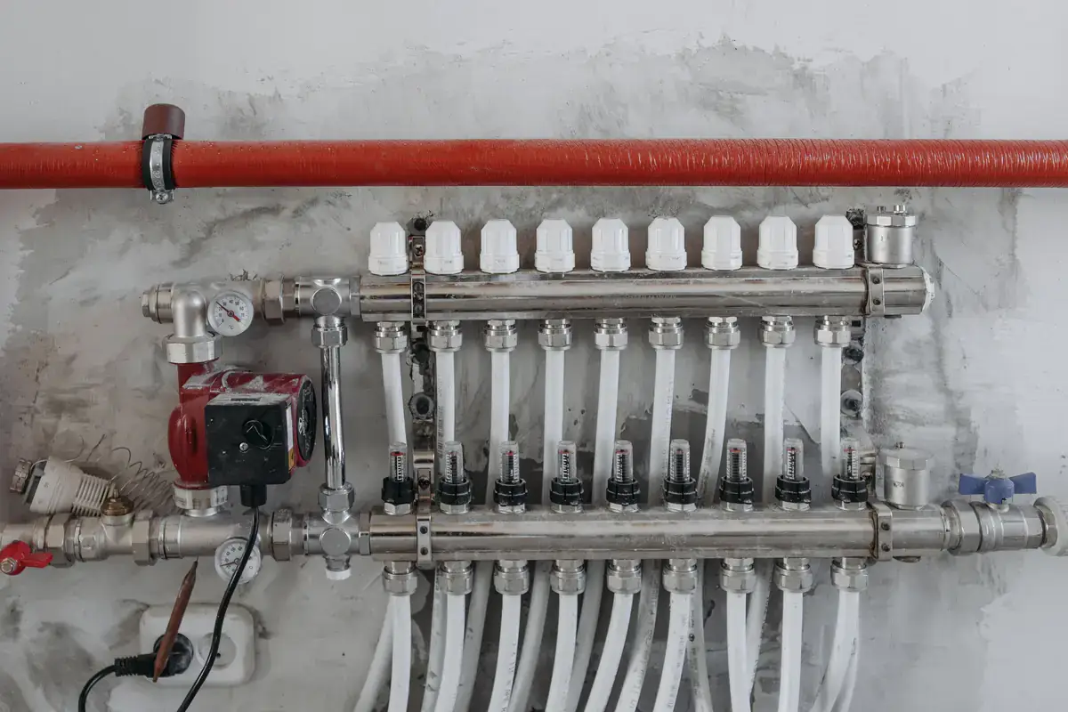 Radiant heating manifold with a circulator pump and rows of supply lines on a wall